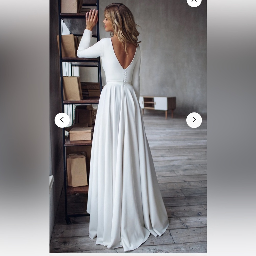 WEDDING DRESS High low hem, 3/4 length sleeve, crepe with blush, bustle, POCKETS